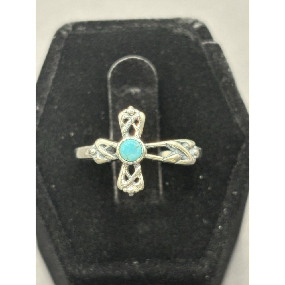 New Condition Sterling Silver Genuine Turquoise Cross Ring Size 7 H11